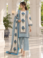Blue and Cream Floral Stripe Kurta Set with Dupatta in Cotton