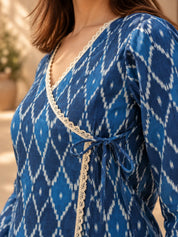 Blue Ikkat Print Angrakha Style Short Kurti in Cotton