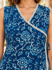 Blue Angrakha Style Floral Jaal Short Kurti in Cotton