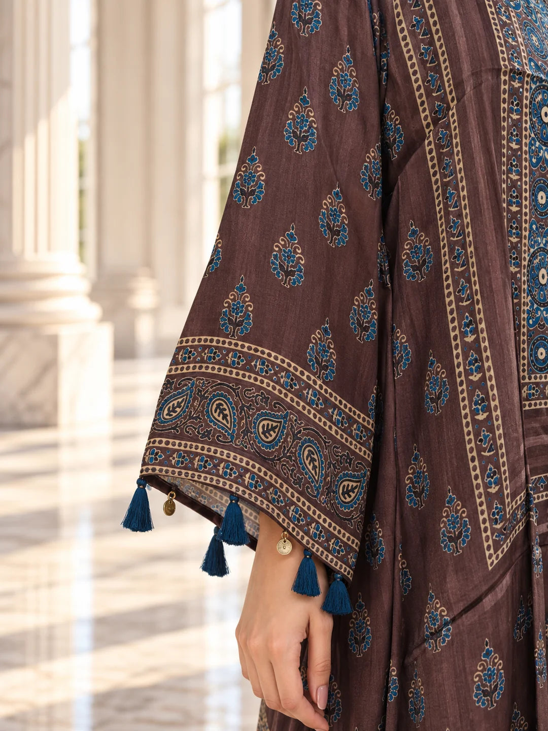 Dark Brown Patch Print High-Low Co-ord Set in Muslin