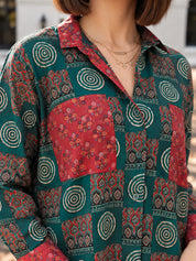 Dark Green Base & Red Patch Print Oversized Cotton Shirt