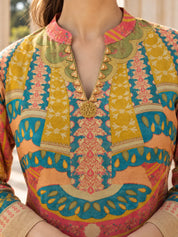 Bronzed Yellow Embellished V-Notch Multicolour Print Wide-Leg Co-ord Set in Muslin