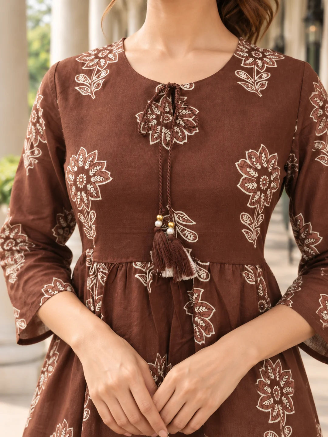 Brown Tie-Neck Floral Buta Peplum Short Kurti in Cotton