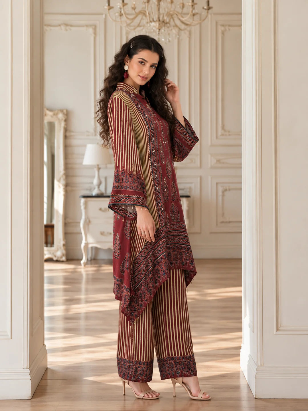 Maroon & Beige High-Low Mirror Embellished Patch Print Co-ord Set in Crepe