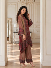 Maroon & Beige High-Low Mirror Embellished Patch Print Co-ord Set in Crepe