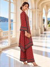 Maroon Patch Print High-Low Co-ord Set in Muslin