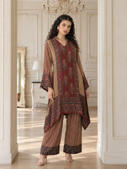 Maroon & Beige High-Low Mirror Embellished Patch Print Co-ord Set in Crepe
