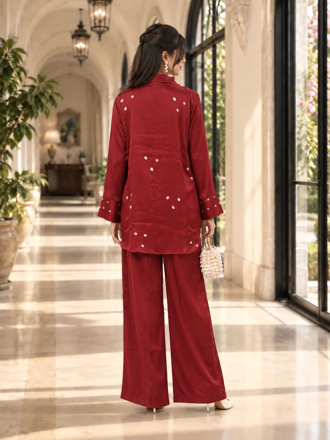 Maroon Hand-Tied Pure Bandhani Co-ord Set in Gajji Silk