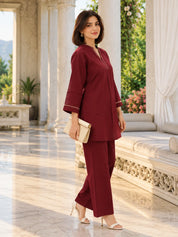 Maroon Blanket Stitch Co-ord Set in Cotton