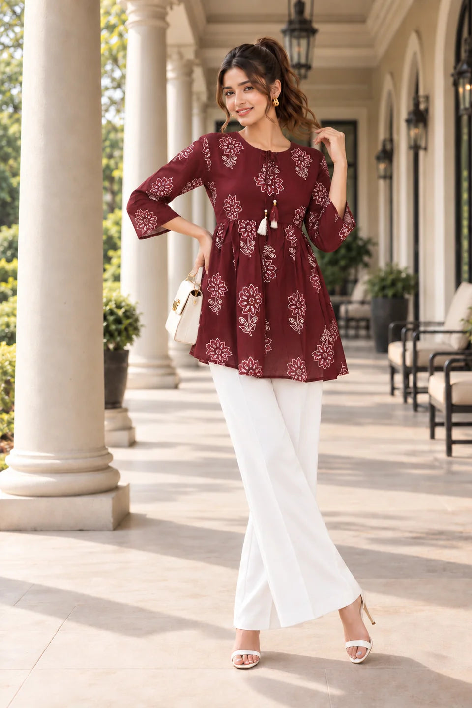 Kurti corta de algodón color rojo ladrillo con estampado floral buti en beige