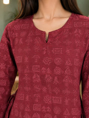 Dark Red Tribal Print Side-Tie Short Kurti in Cotton