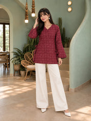 Dark Red Tribal Print Side-Tie Short Kurti in Cotton