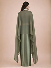 Olive Green Embroidered Three-Piece Set with Beaded Blouse, Tulip Skirt & Organza Cape Jacket