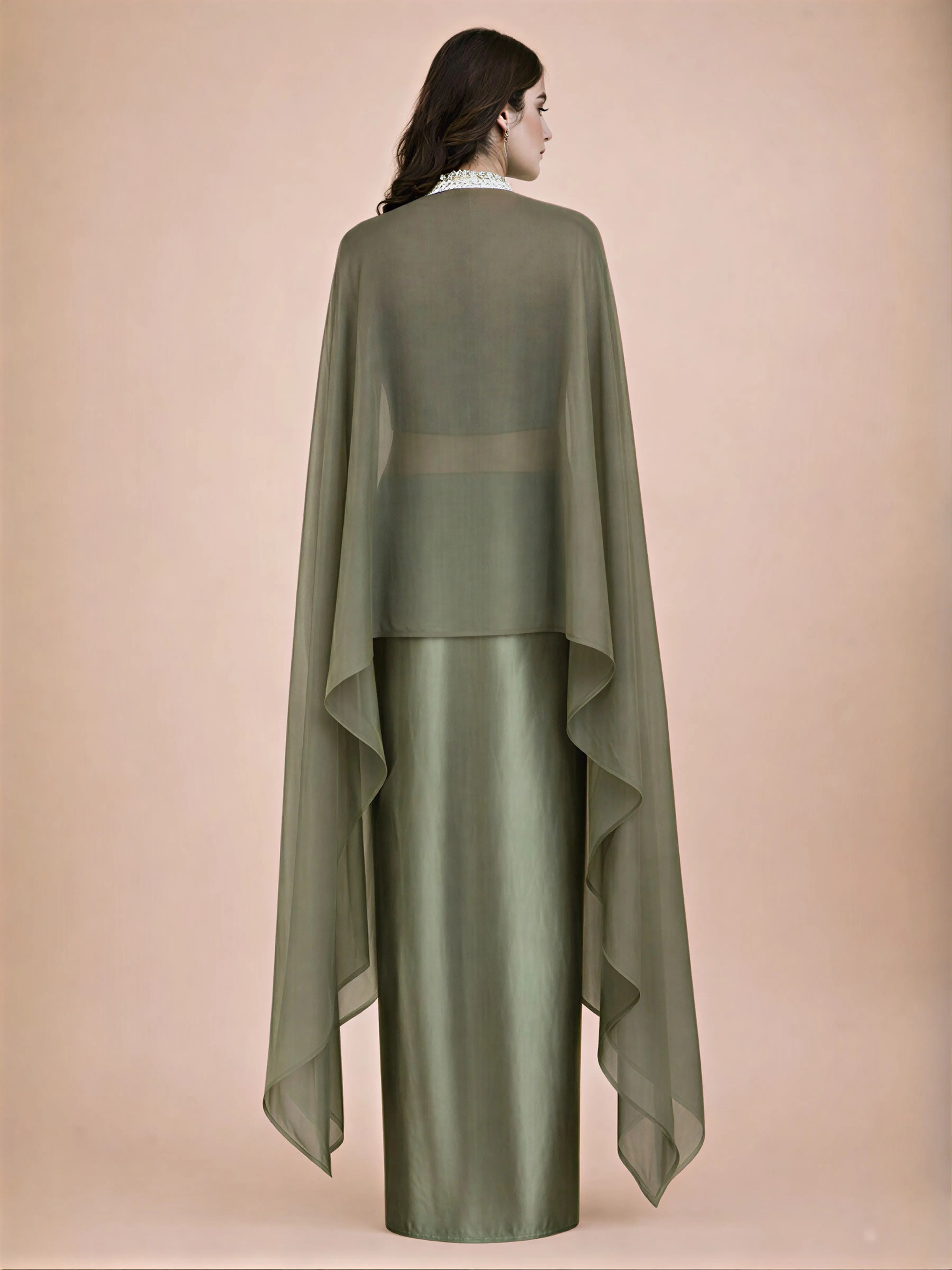 Olive Green Embroidered Three-Piece Set with Beaded Blouse, Tulip Skirt & Organza Cape Jacket