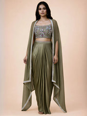 Olive Green Embroidered Three-Piece Set with Beaded Blouse, Tulip Skirt & Organza Cape Jacket