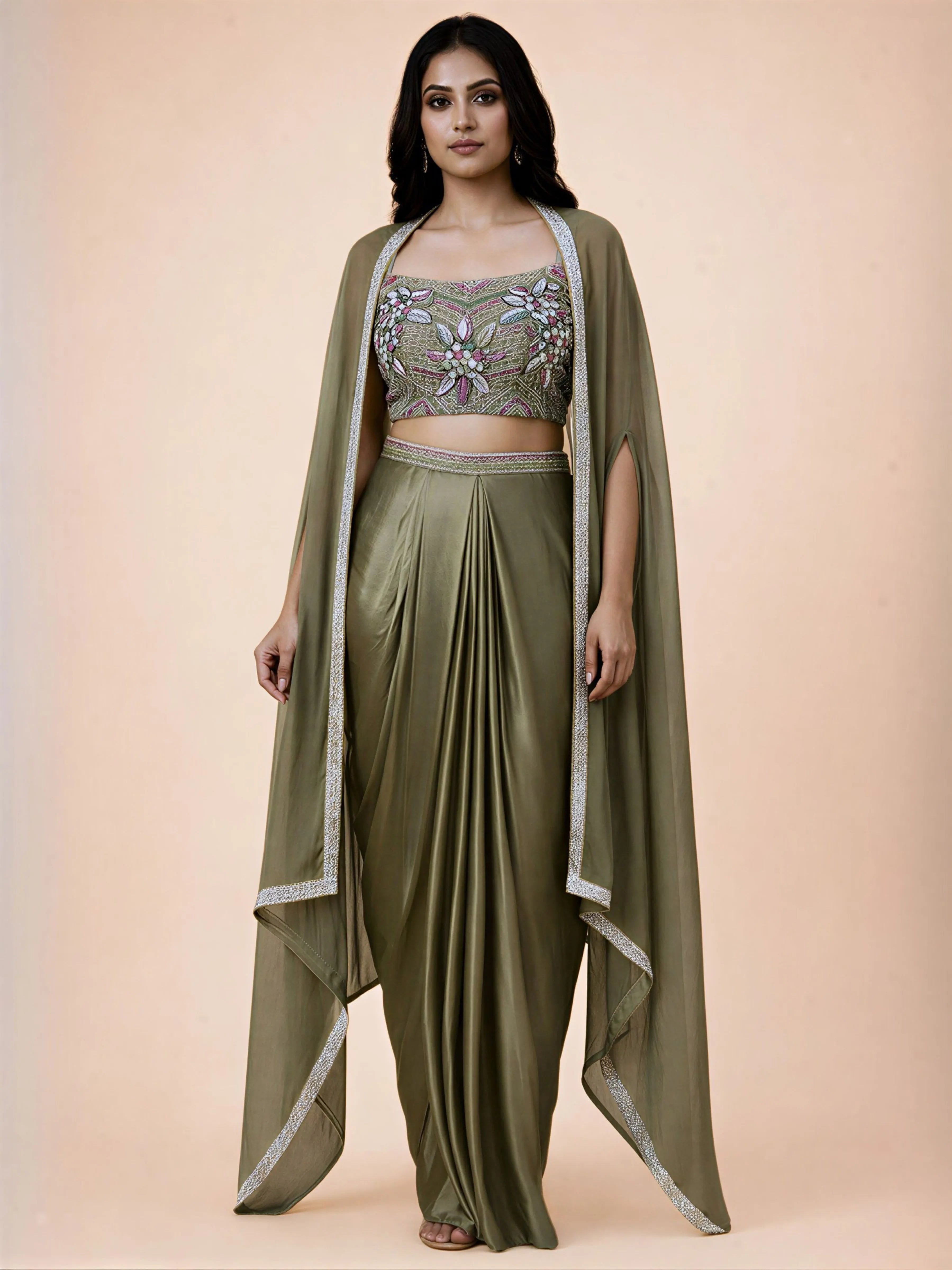 Olive Green Embroidered Three-Piece Set with Beaded Blouse, Tulip Skirt & Organza Cape Jacket