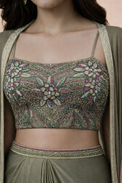 Olive Green Embroidered Three-Piece Set with Beaded Blouse, Tulip Skirt & Organza Cape Jacket