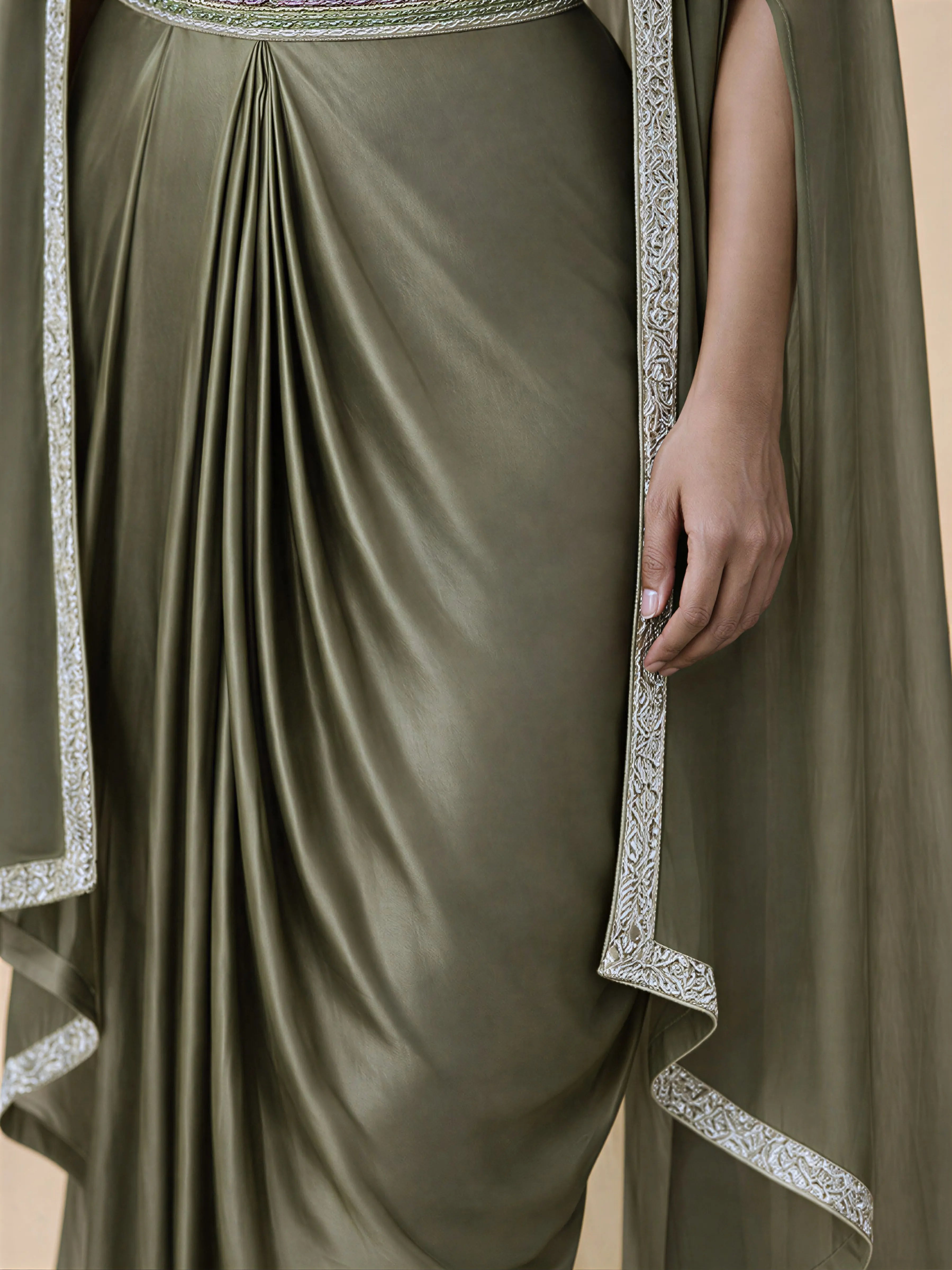 Olive Green Embroidered Three-Piece Set with Beaded Blouse, Tulip Skirt & Organza Cape Jacket