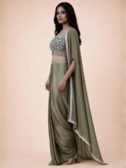 Olive Green Embroidered Three-Piece Set with Beaded Blouse, Tulip Skirt & Organza Cape Jacket