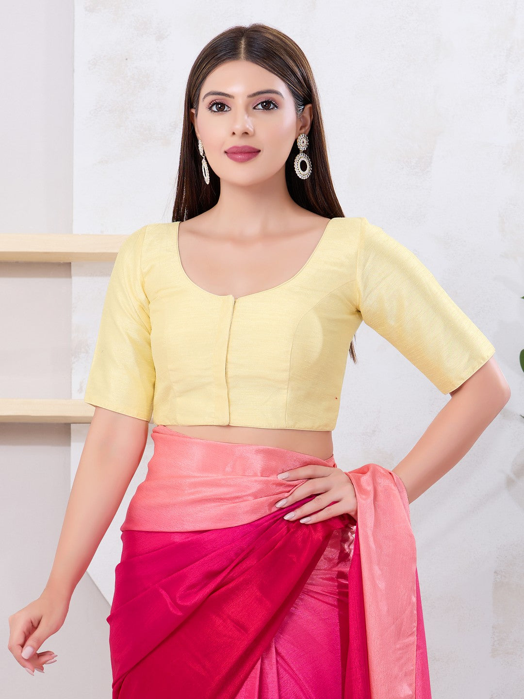 Vamas Art Silk Round Neck Solid Front Open Blouse
