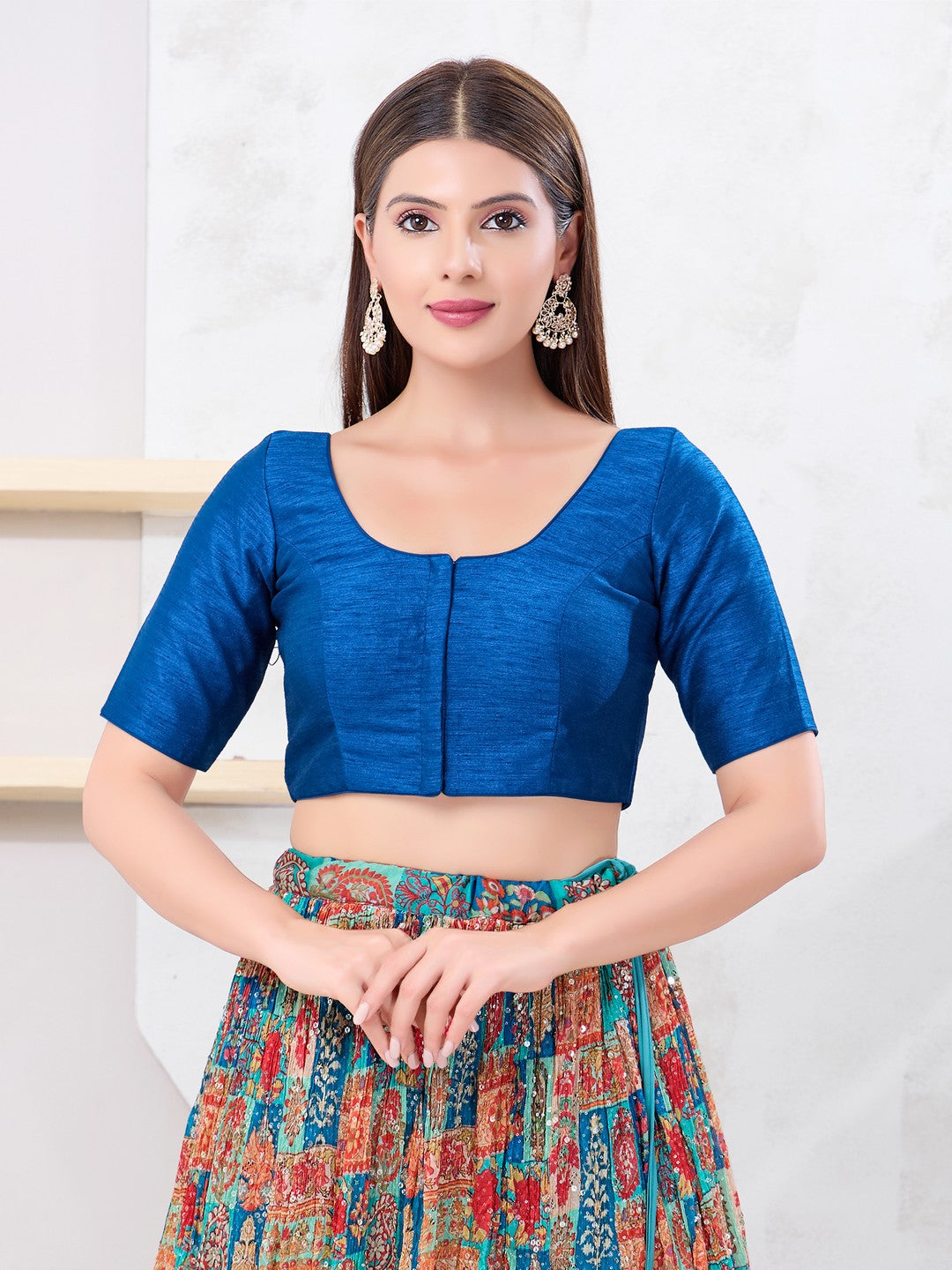 Vamas Art Silk Round Neck Solid Front Open Blouse