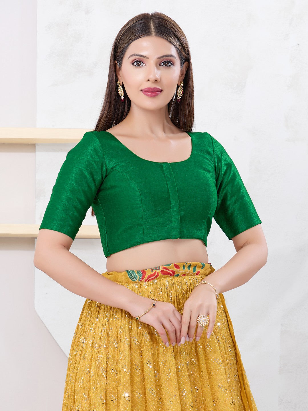 Vamas Art Silk Round Neck Solid Front Open Blouse