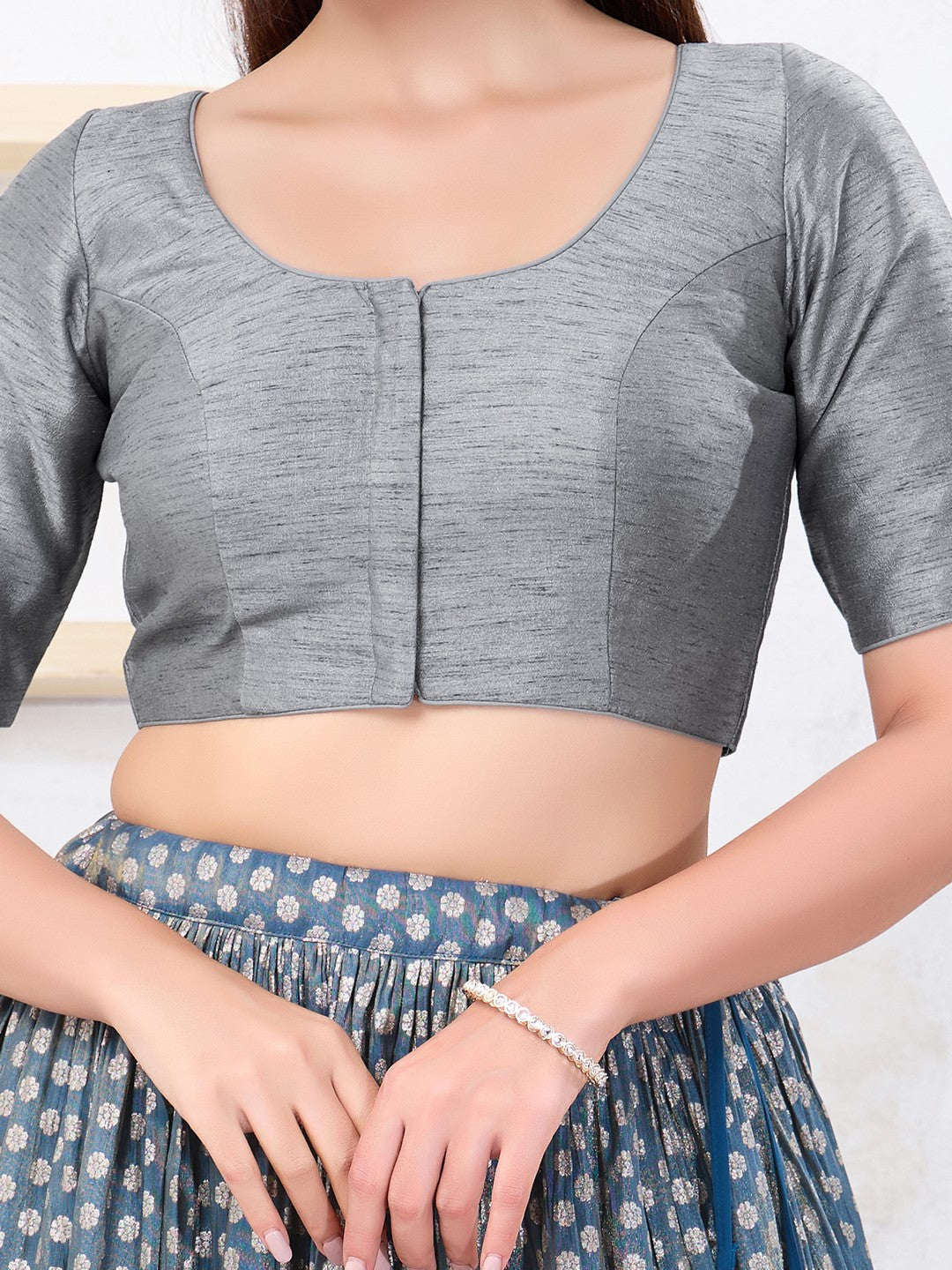Vamas Art Silk Round Neck Solid Front Open Blouse