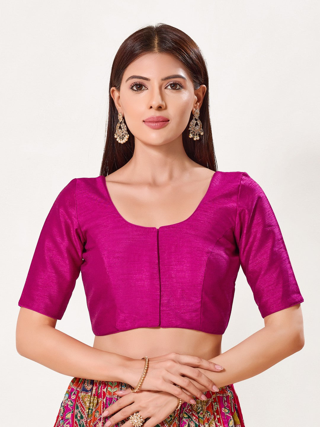 Vamas Art Silk Round Neck Solid Front Open Blouse
