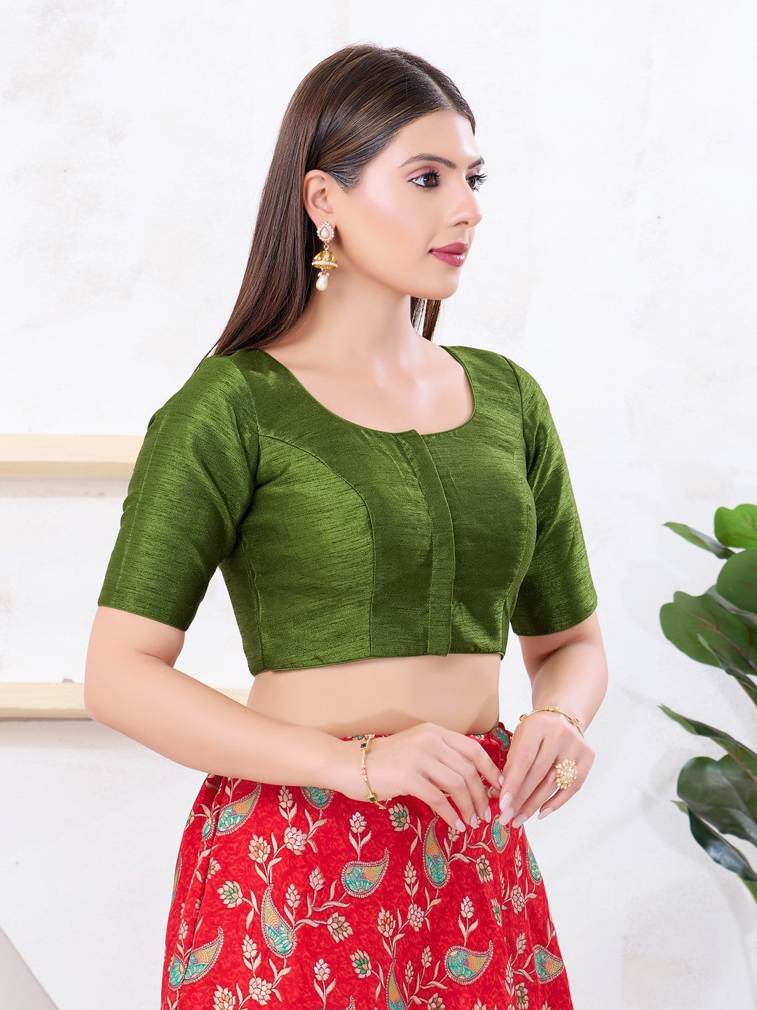 Vamas Art Silk Round Neck Solid Front Open Blouse