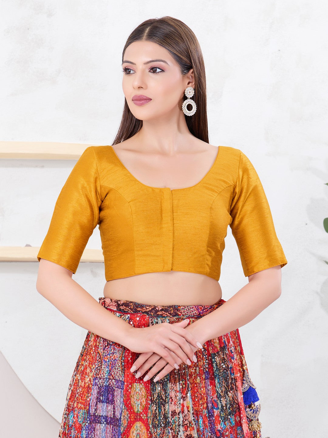 Vamas Art Silk Round Neck Solid Front Open Blouse