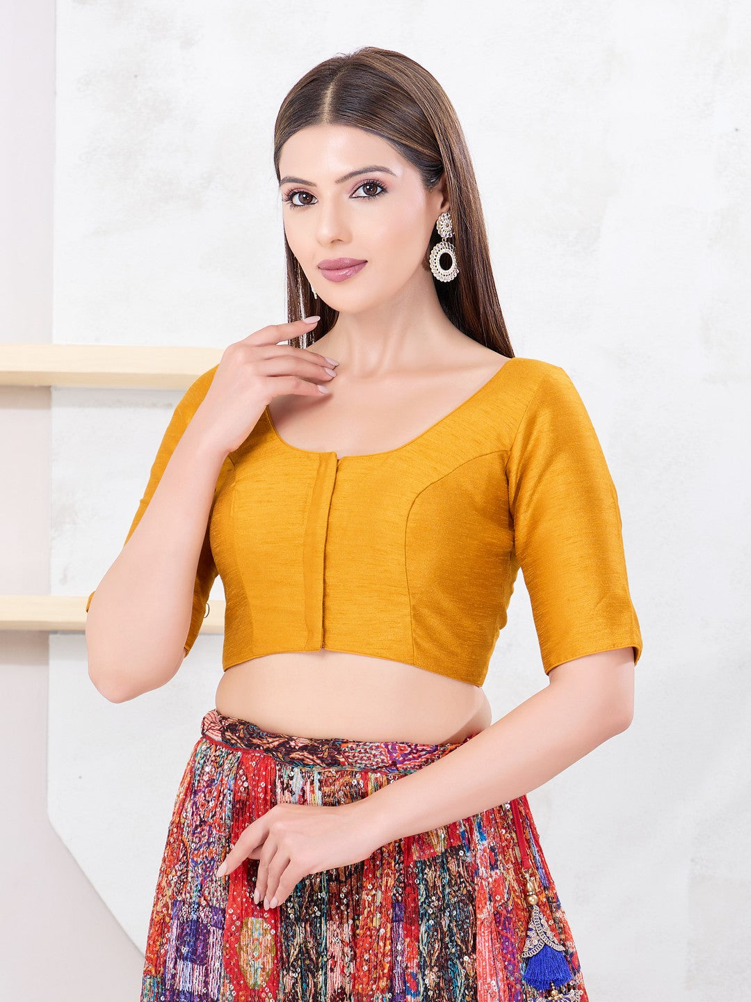 Vamas Art Silk Round Neck Solid Front Open Blouse