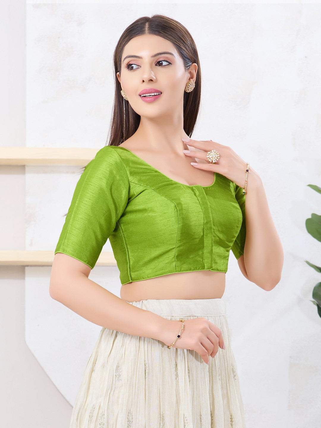 Vamas Art Silk Round Neck Solid Front Open Blouse