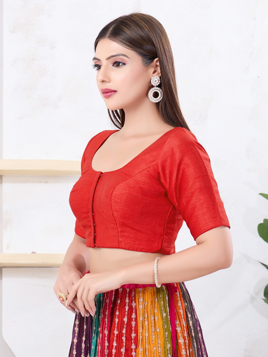 Vamas Art Silk Round Neck Solid Front Open Blouse
