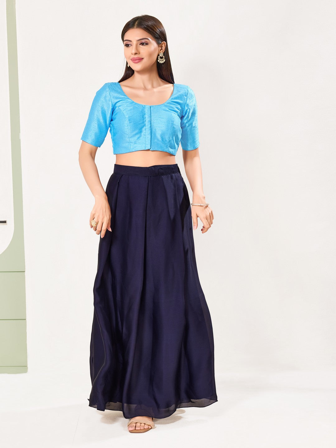 Vamas Art Silk Round Neck Solid Front Open Blouse