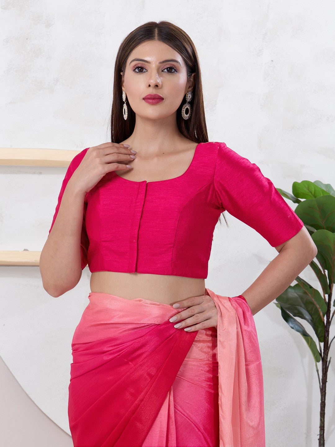 Vamas Art Silk Round Neck Solid Front Open Blouse