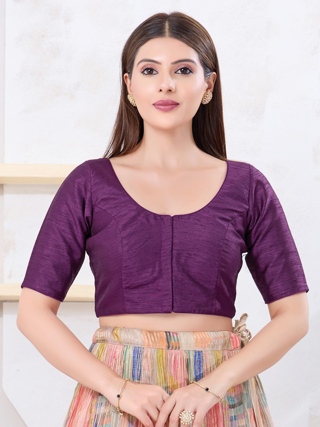 Vamas Art Silk Round Neck Solid Front Open Blouse