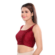 Vamas Solid Stone Embellished Round Neck Sleeveless Blouse