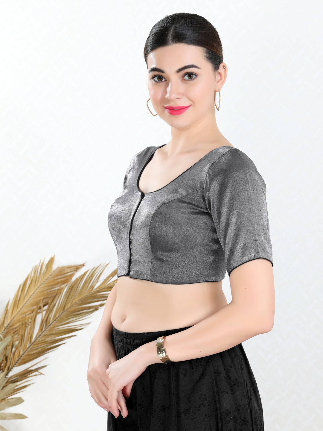 Vamas Tissue Round Neck Front Open Blouse