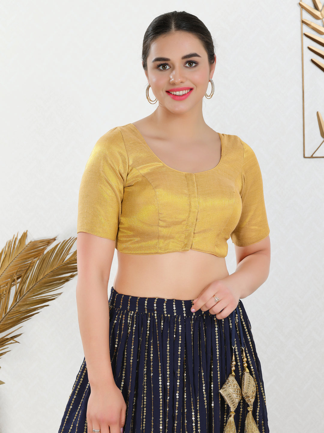 Vamas Tissue Round Neck Front Open Blouse