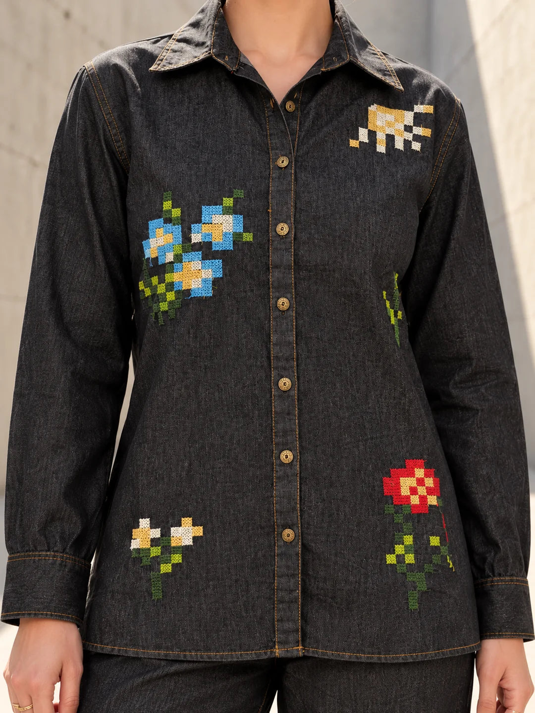 Charcoal Black Lego Cross-Stitch Co-ord Set in Cotton Denim