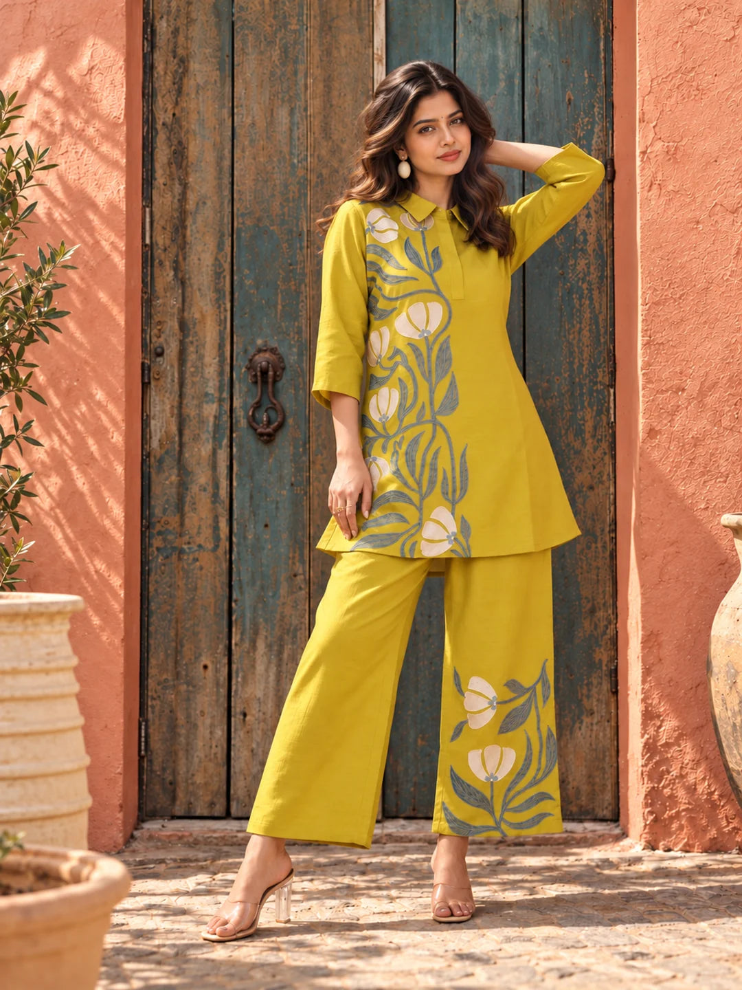 Lime Green Floral Placement Embroidered Co-Ord Set in Roman Silk
