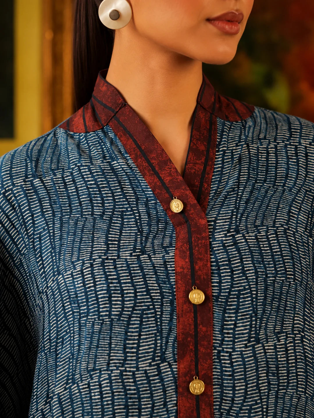 Blue & Maroon Abstract Printed Anti-Fit Eagle Style Co-ord Set in Crepe