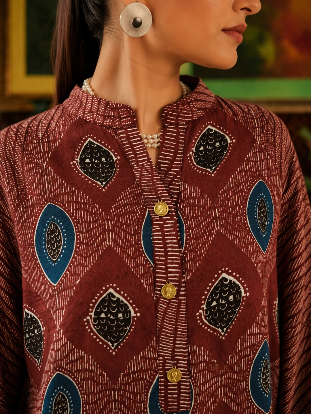Maroon Abstract Printed Anti-Fit Eagle Style Co-ord Set in Crepe
