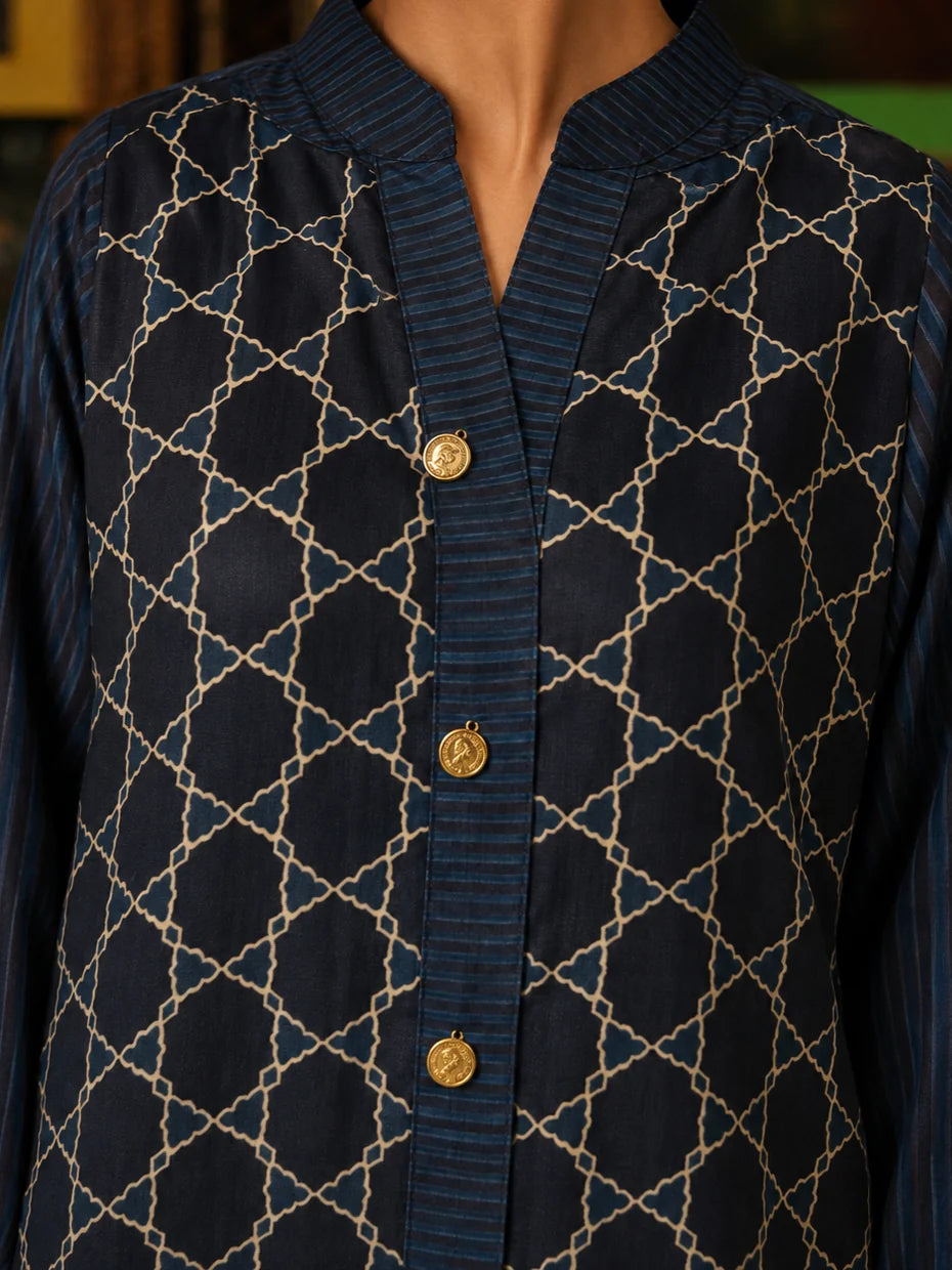 Navy Blue & Black Geometric Printed Anti-Fit Eagle Style Co-ord Set in Crepe
