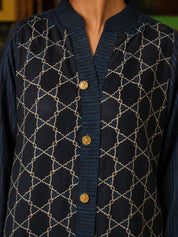 Navy Blue & Black Geometric Printed Anti-Fit Eagle Style Co-ord Set in Crepe