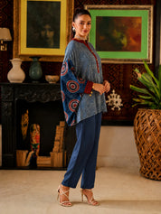 Blue & Maroon Abstract Printed Anti-Fit Eagle Style Co-ord Set in Crepe