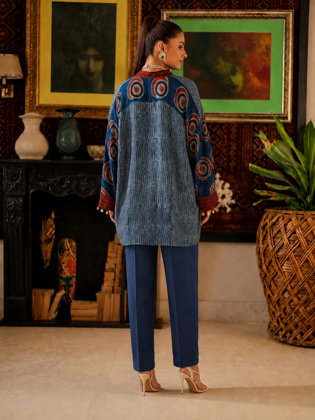 Blue & Maroon Abstract Printed Anti-Fit Eagle Style Co-ord Set in Crepe