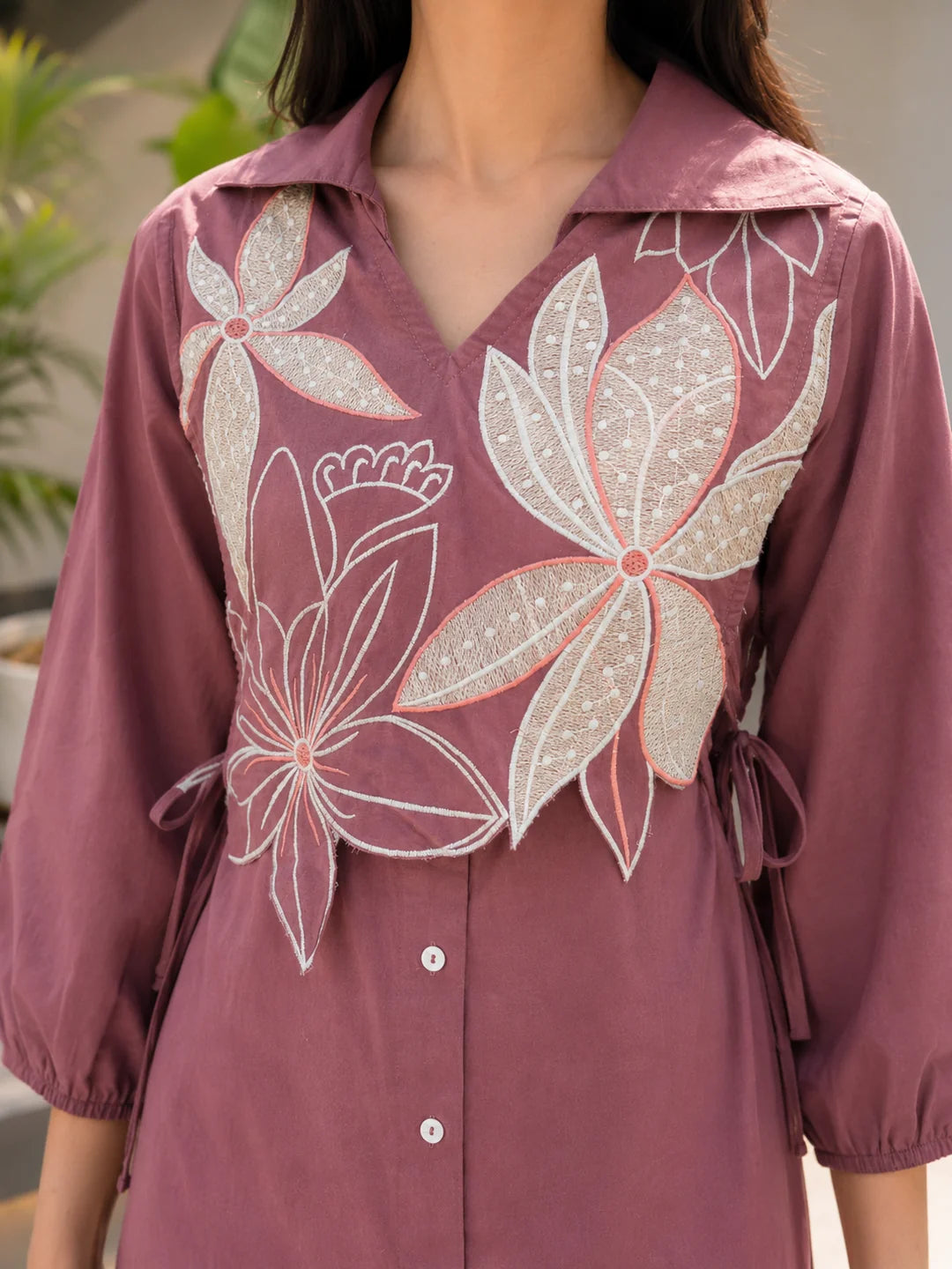 Mauve Dress with Floral Vest Detail & Adjustable Side Tie-Up in Cotton Flex