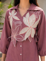 Mauve Dress with Floral Vest Detail & Adjustable Side Tie-Up in Cotton Flex
