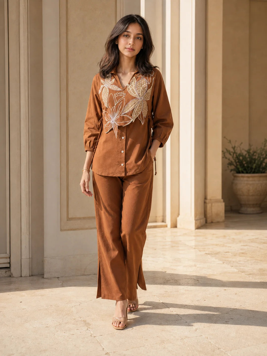 Brown Co-ord Set with Functional Button Placket & Floral Vest Detail in Cotton Flex